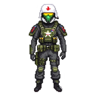 armed figure in all-black military clothing, shiesty mask, and helmet sticker