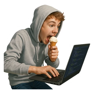 a white teen in a hoodie, eating ice-cream, typing quickly on a laptop, coding, techy vibe, energetic and modern sticker