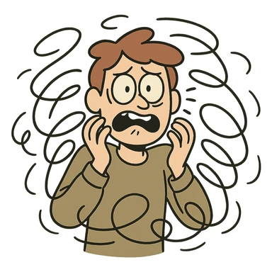a person surrounded by swirling lines, showing anxiety, cartoon style sticker