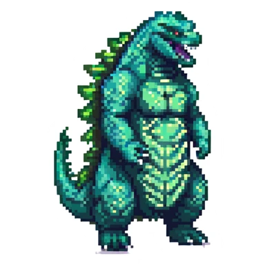 Godzilla, detailed, green scales, city background, pixel art style sticker