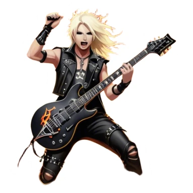 Icon for Heavy Metal: a metal band on stage, with electric guitars, drums, and a powerful vocalist. The atmosphere is intense with flashing lights, music notes, and a crowd of fans. The design should capture the energy and power of a live heavy metal performance. Transparent background. sticker