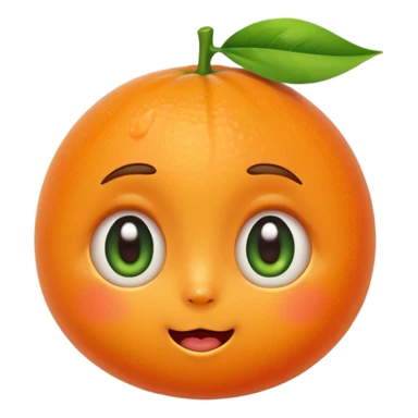 cute tangerine emoji with teary touched expression, shiny big eyes, small smiling mouth, slightly blushing cheeks, little green leaf on top, warm and emotional sticker