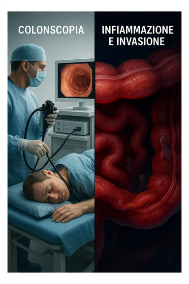 A split-screen medical illustration in cinematic style: on the left side, a doctor performing a colonoscopy on a patient in a sterile clinic, with the endoscopic camera displaying clean, healthy mucosal surfaces on a screen. On the right side, a symbolic cross-section of the same intestine — but shown in deeper layers beneath the surface, where parasitic organisms (small, translucent or shadowy figures) hide between folds and tissues not visible via standard scope. The contrast is clear: what is seen vs. what remains hidden. Lighting on the left is bright, sterile, clinical; lighting on the right is darker, with red and blue tones to suggest inflammation and invasion. Shot in hyper-realistic 3D medical style, educational but emotionally charged IN ITALIANO sticker