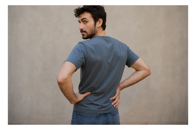 Rakurs orqadan oldiga qarab turgan inson qo'lini beliga qo'yib turgan sticker