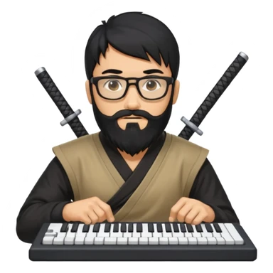 Man with black hair and beard wearing glasses in a ninja costume. Keep the top left version, make the beard longer and replace the sword with a keyboard  sticker