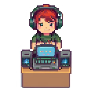 pixel art music producer with laptop and speakers retro vibe sticker