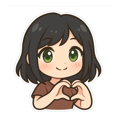 girl with black hair and green eyes, making a heart with her hands, twitch emote style sticker