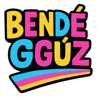 Bendegúz name in colorful, modern, dynamic style with dark outline, transparent background, slanted colorful underline, based on reference patterns sticker