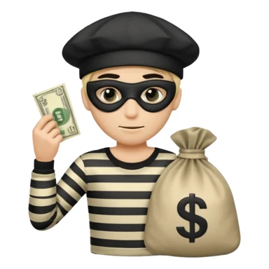 Cartoon-Räuber mit schwarzer Augenmaske, gestreiftem Shirt, schwarzer Mütze und einem Geldsack mit $-Zeichen. sticker