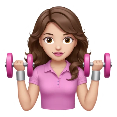 girl with wavy long brown hair, brown eyes, light to medium complexion, long lashes, light pink lipstick, wearing light pink shirt, lifting a pink dumbells sticker