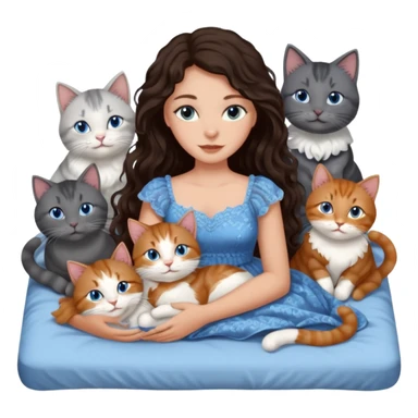 detailed realistic looking a dark grey and white cat regally laying with six other cats, cuddling with their owner in bed who is a pretty bratz lightly tanned white girl with long dark brown hair, blue eyes and gorgeous long wavy hair wearing a pretty detailed dress sticker