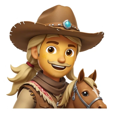 clash-of-clans-aesthetic_-cinematic-playful-cowboy-portrait-emoji, head-tilted with a roguish, cheeky grin and twinkling eyes, featuring a rugged, spirited build with a wide-brimmed cowboy hat and a weathered bandana on tan skin, riding a powerful galloping horse with dynamic flowing mane, reins gripped firmly in one hand and a lasso in the other, as dust swirls behind them in a vast desert landscape. sticker