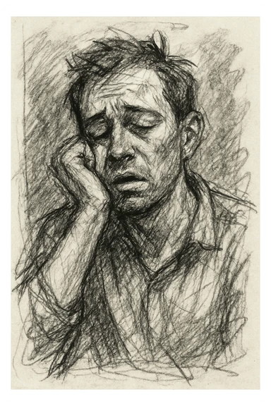 a man feeling drowsy, hand-drawn sketch style sticker