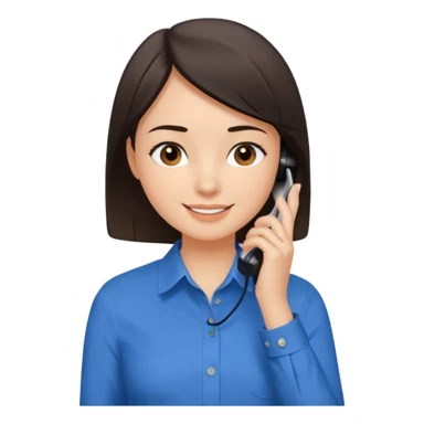 generate a pretty fair bratz girl with dark brown eyes. Dark brown hair straight short hair. tight blue button up shirt with top shirt open.  Talking on the phne sticker