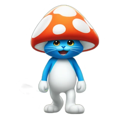Smurf the cat walks through the forest with white pants and a white hat in the shape of a mushroom sticker