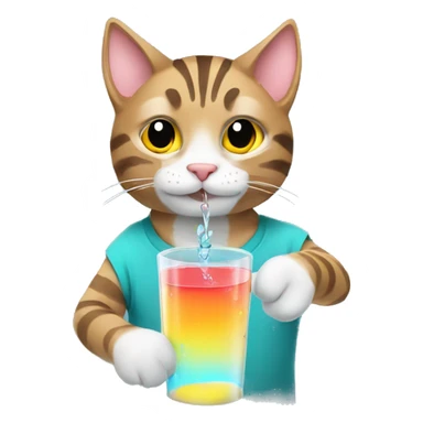 Tabby cat holds colored water in his hands and keeps drinking sticker