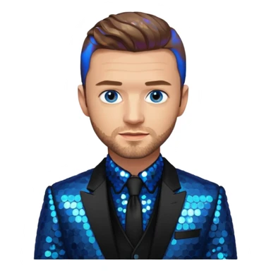 Justin Timberlake with light brown hair, blue eyes, sequin black suit jacket sticker
