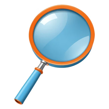 A stylized blue magnifying glass tilted right, flat design, minimalist, vibrant orange handle, white circular background, high resolution, 2048x2048 pixels, vector art, clean lines sticker