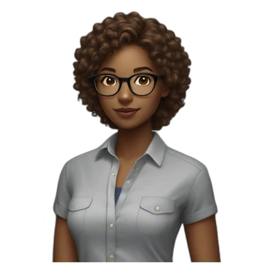 young black woman software engineer with eyeglasses with curly brown hair with ralph lauren shirt with arms sticker