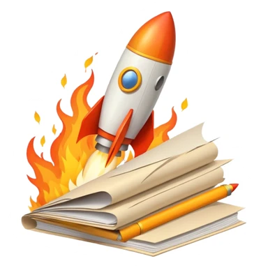 Rocket launching from stack of papers, fire trail, minimal flat design sticker