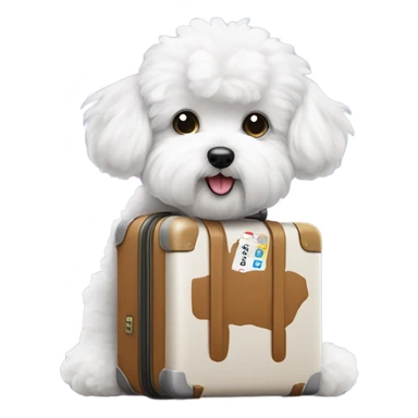 A world traveler, Bichon Frise, with a suitcase filled with iconic places stickers on the suitcase  sticker