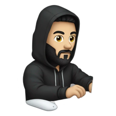 Hacker man with a black beard typing on apple computer wearing a black hoodie sticker
