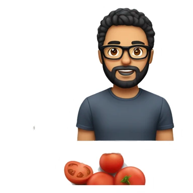 Designer with black hair, white skin, beard and glasses working with MacBook and tomato puree sticker