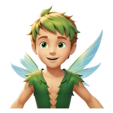 cinematic-realistic-peter-pan-portrait, head tilted dramatically with an exaggeratedly amused expression and sparkling eyes brimming with playful mischief, his iconic outfit rendered in vivid detail with dynamic shadows, soaring through the air. Next to him is a glowing Tinker Bell, whose delicate wings leave a trail of shimmering pixie dust across a whimsical sky. sticker