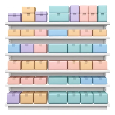 "Minimalist Japanese retail shelf display, products aligned identically across horizontal rows, vertically varied by type, clean spacing, precise symmetry, soft neutral lighting, aesthetic composition, highly organized, front-facing packages, ultra-detailed." sticker