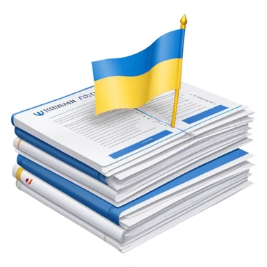 stack of official documents with Ukrainian flag sticker