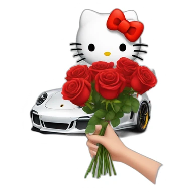 Hello kitty in porsche 911 gt3rs and bouquet of rose red in her hand sticker
