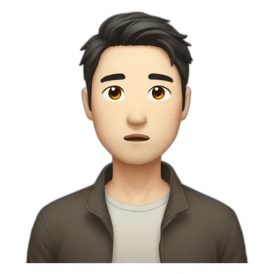 korean male early thirties short beard long brown hair sad expression sticker