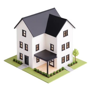 modern farmhouse dollhouse, white with black trim and wooden accents, 3d isometric  sticker