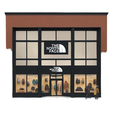 “The North Face store exterior with a rugged, modern facade, the iconic logo displayed prominently, large windows showcasing outdoor gear, and a natural, adventurous vibe.” sticker