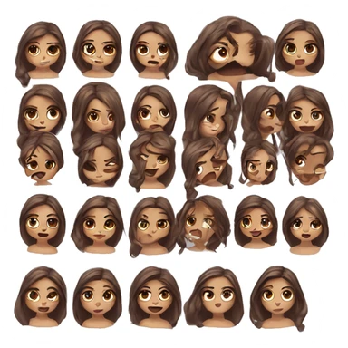 Design a series of Twitch emotes that showcase a bimbo character with long brown hair, big lips and pretty eyes in a series of different expressions sticker