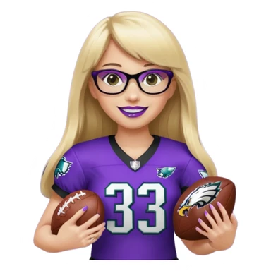 full length women wearing eagles uniform, long blonde hair, blunt bangs, black glasses, holding football, number 33, smiling, purple lipstick sticker