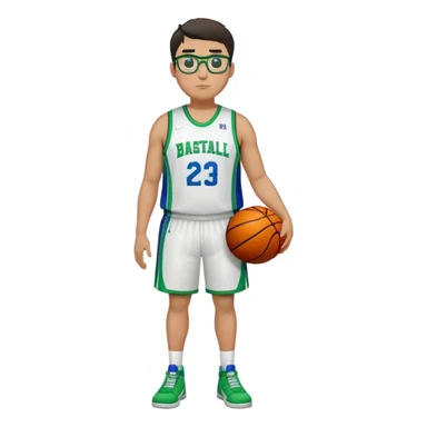 Full Body tall plus size white male with dark short hair basketball player wearing glasses wearing blue green uniform sticker