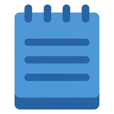 Recreate the notepad icon in a flat, modern blue style consistent with previous icons. Use almost exclusively shades of blue, with a fully transparent background. The icon should feature a simple notepad with a blue cover, blue rings, and blue lines, ensuring the notepad is clearly visible and not overly transparent. Use clean, simple lines, minimal use of other colors, and prioritize clarity and consistency with the other icons. sticker