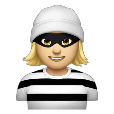 robber with blonde hair wearing a black beanie and a long sleeved white and black horizontally striped t-shirt and wearing black eye mask and a bag of money in his shoulder sticker