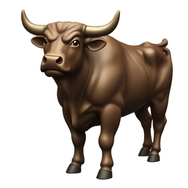An emoji-style image of a bull resembling the Charging Bull statue. The bull should have a strong, muscular build, aggressive stance, and prominent horns. The bull should be brown with a shiny finish to mimic the bronze statue. sticker
