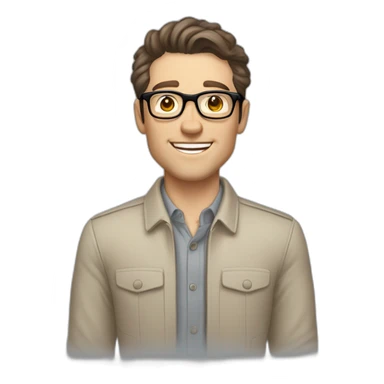 Joyful Pale skinned Fit Man With dark brown hair in gray jacket, beige office shirt, Brown pants and vintage glasses. His thrumbs up sticker