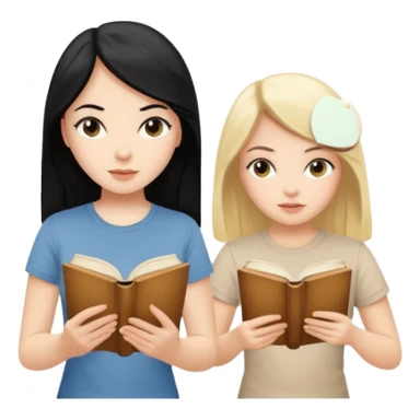 beautiful white girl with black hair in beige t-shirt and beautiful blonde girl with long hair in beige t-shirt reading beautiful vintage book sticker