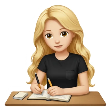 A beautiful blonde with long wavy hair in a black T-shirt sits and writes in a diary with a brown pen without table  sticker