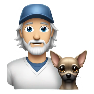 Handsome blue eyed man, with grey hair, and grey goatee beard, wearing ball cap and holding a long haired black chihuahua sticker