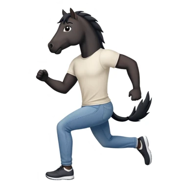 friendly anthropomorphised black stallion in jeans and a t-shirt, jogging upright in standard pose sticker