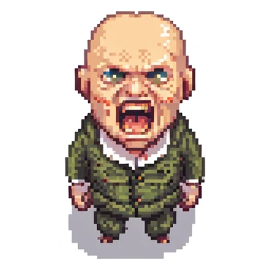 bald screaming ugly man with exaggerated expression, pixel art style sticker