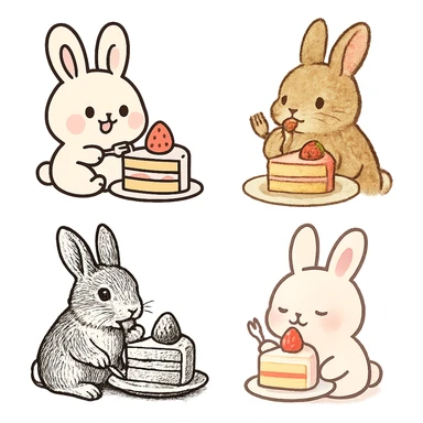 cute rabbit eating cake, various artistic styles sticker