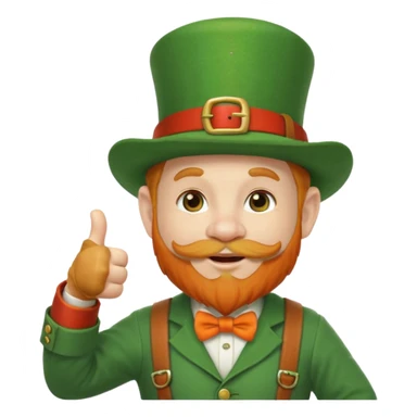 leprechaun looking up, and giving a thumbs up. on his left hand, he is holding his waist. change the hat band with orange band and a red belt. change the facial hair to white. on his mouth, he is smoking a red pipe. the pipe is on his lip. sticker
