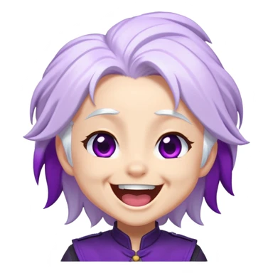 Chibi Sable Ward laughing hard, exaggerated laugh, head tilted back, white hair with purple streaks, fully purple eyes, extremely happy expression sticker