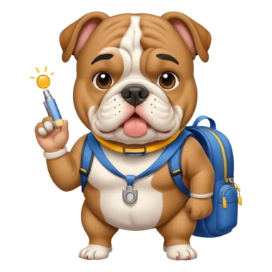 English bulldog tour guide with a whistle and backpack sticker